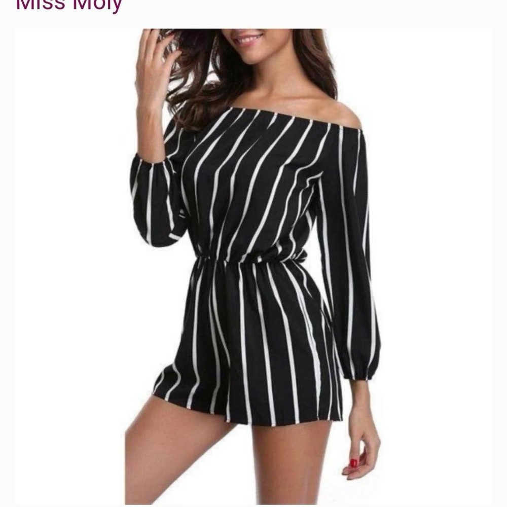 Miss Moly Black & White Striped Off-Shoulder Romper – Size XS